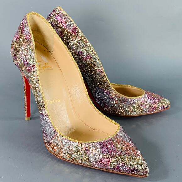 CHRISTIAN LOUBOUTIN Size 4.5 Silver Pink Glitter Stiletto Pumps - Picture 1 of 9